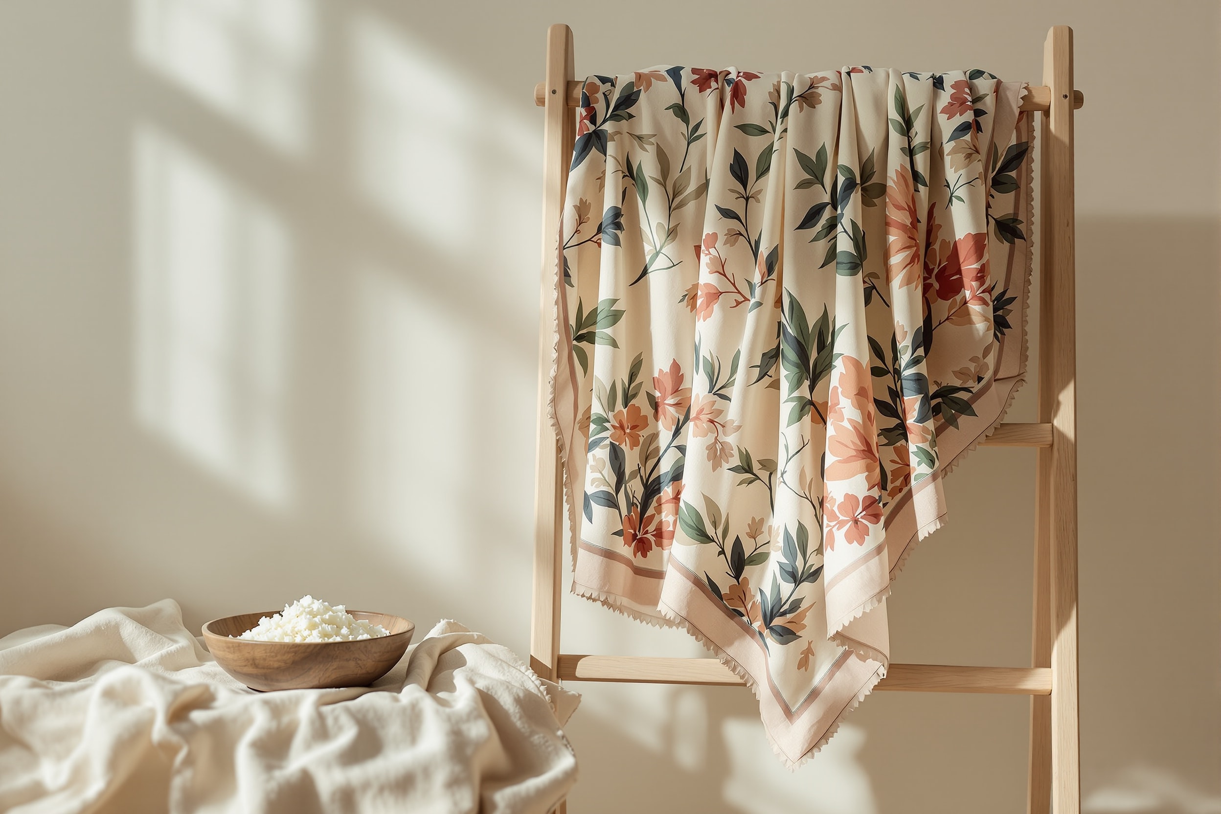 A silk scarf laid over a wooden drying rack beside a bowl of mild soap flakes