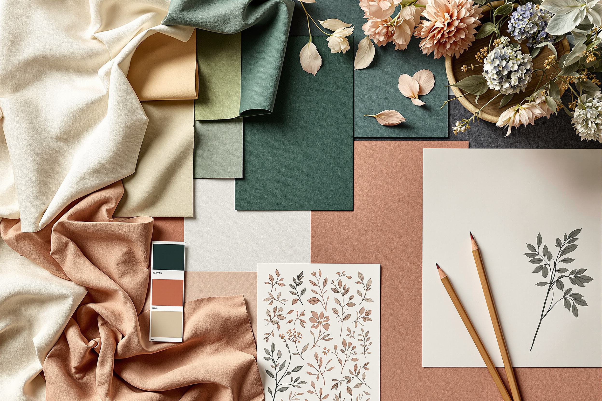 A bespoke textile design worktable with swatches, colour chips, sketches and a printed motif sample