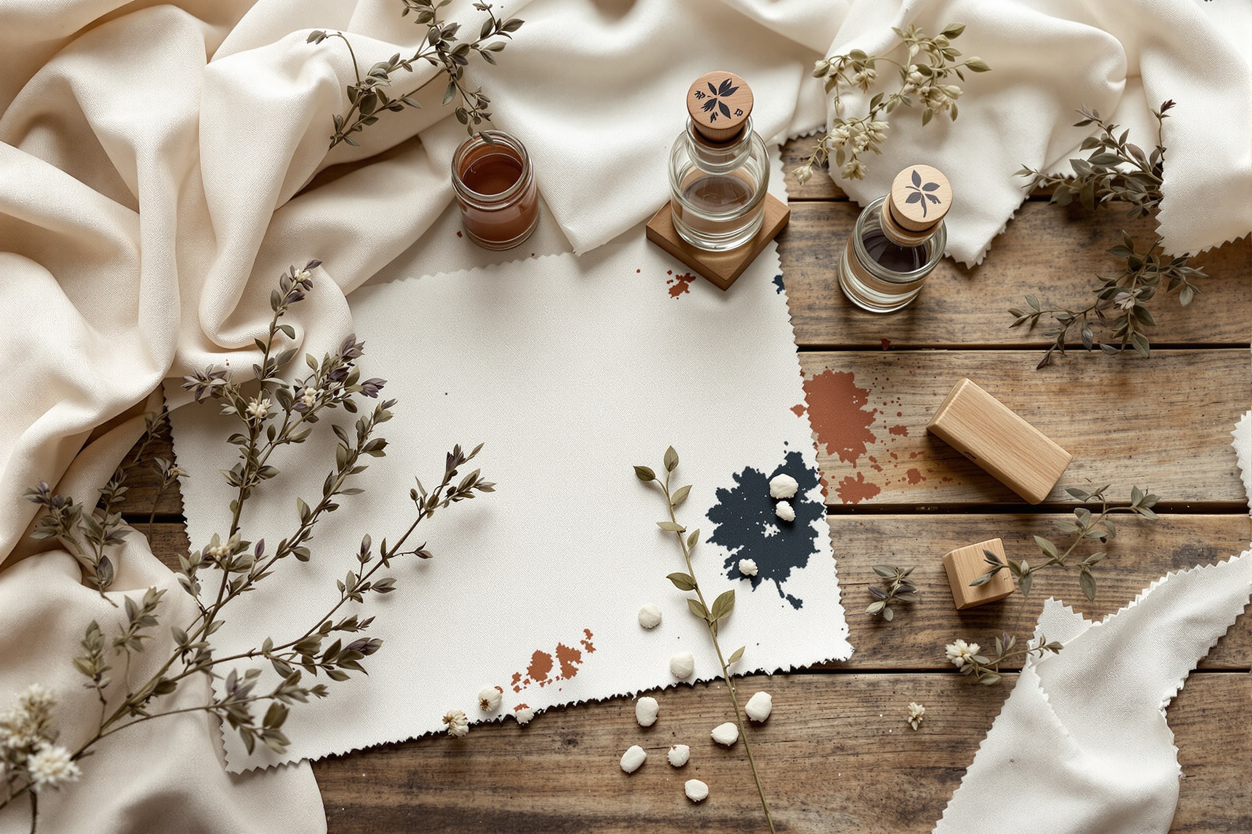 Natural fabric swatches, jars of water-based ink and botanical dye plants on a wooden table