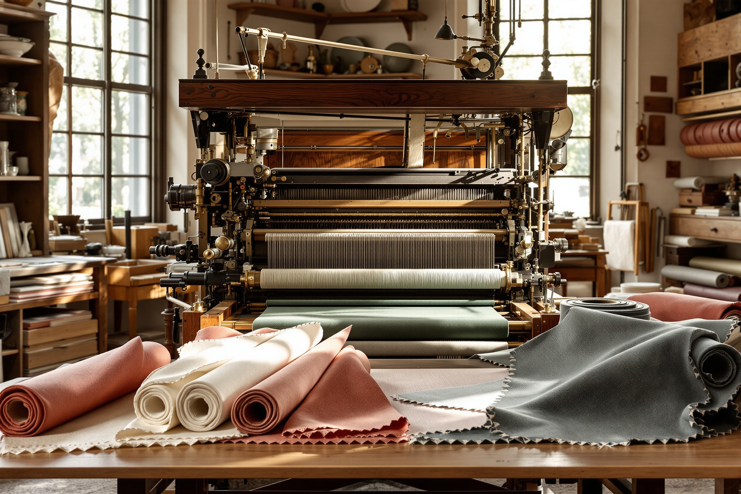 A vintage jacquard loom and rolls of woven cloth in a historic French weaving atelier