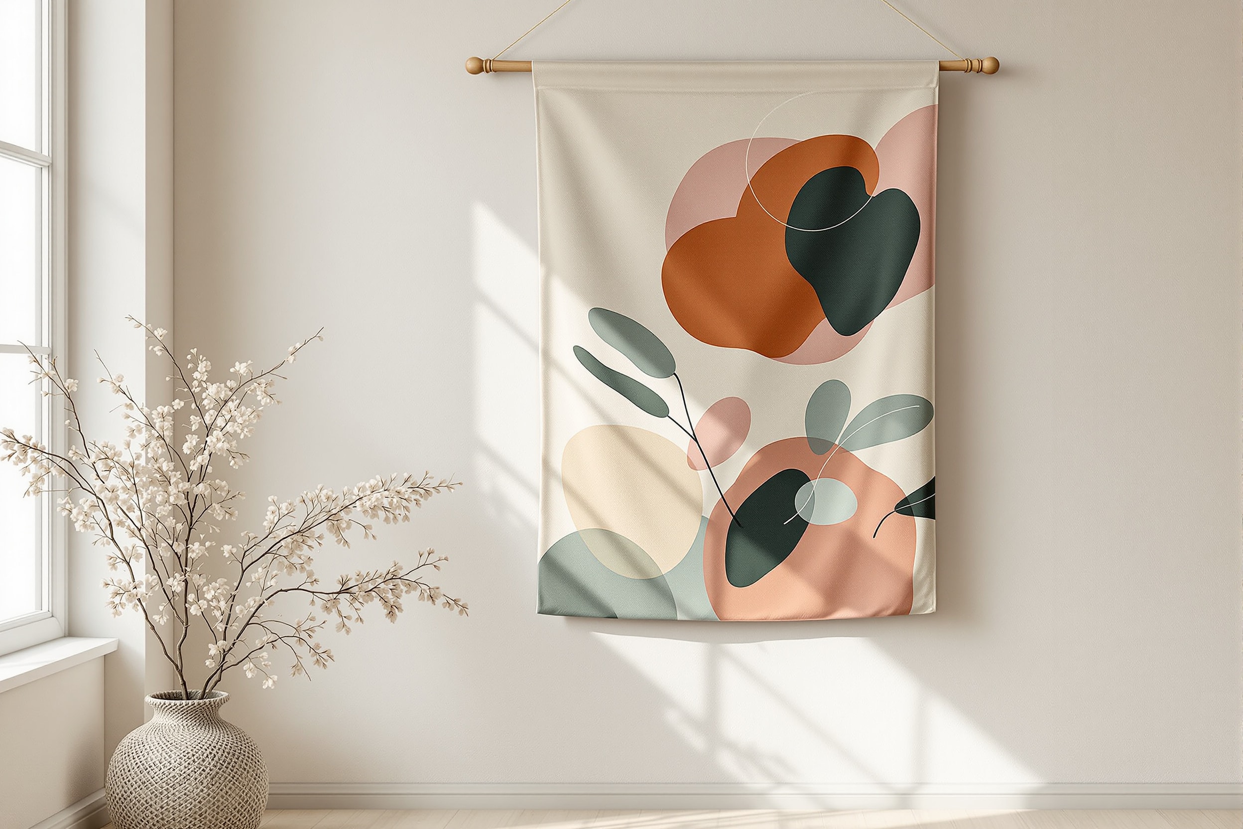 A contemporary textile kakemono with an abstract nature motif hanging on a pale wall