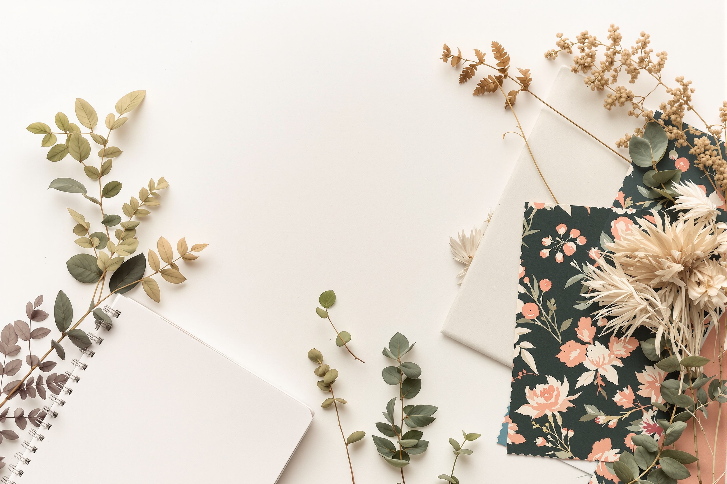 Pressed leaves and flowers beside printed fabric swatches showing nature-inspired repeat patterns