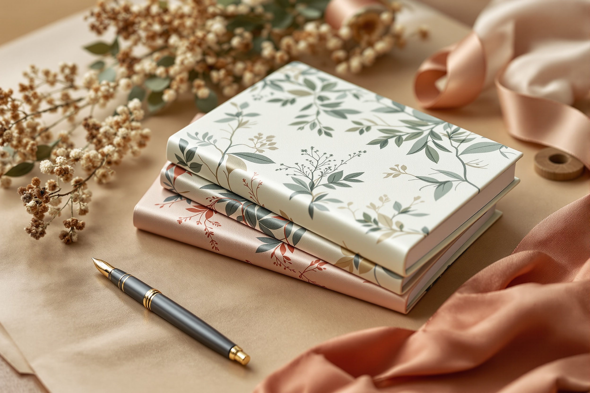Satin-covered hardcover notebooks with printed motifs beside a fountain pen and dried botanicals
