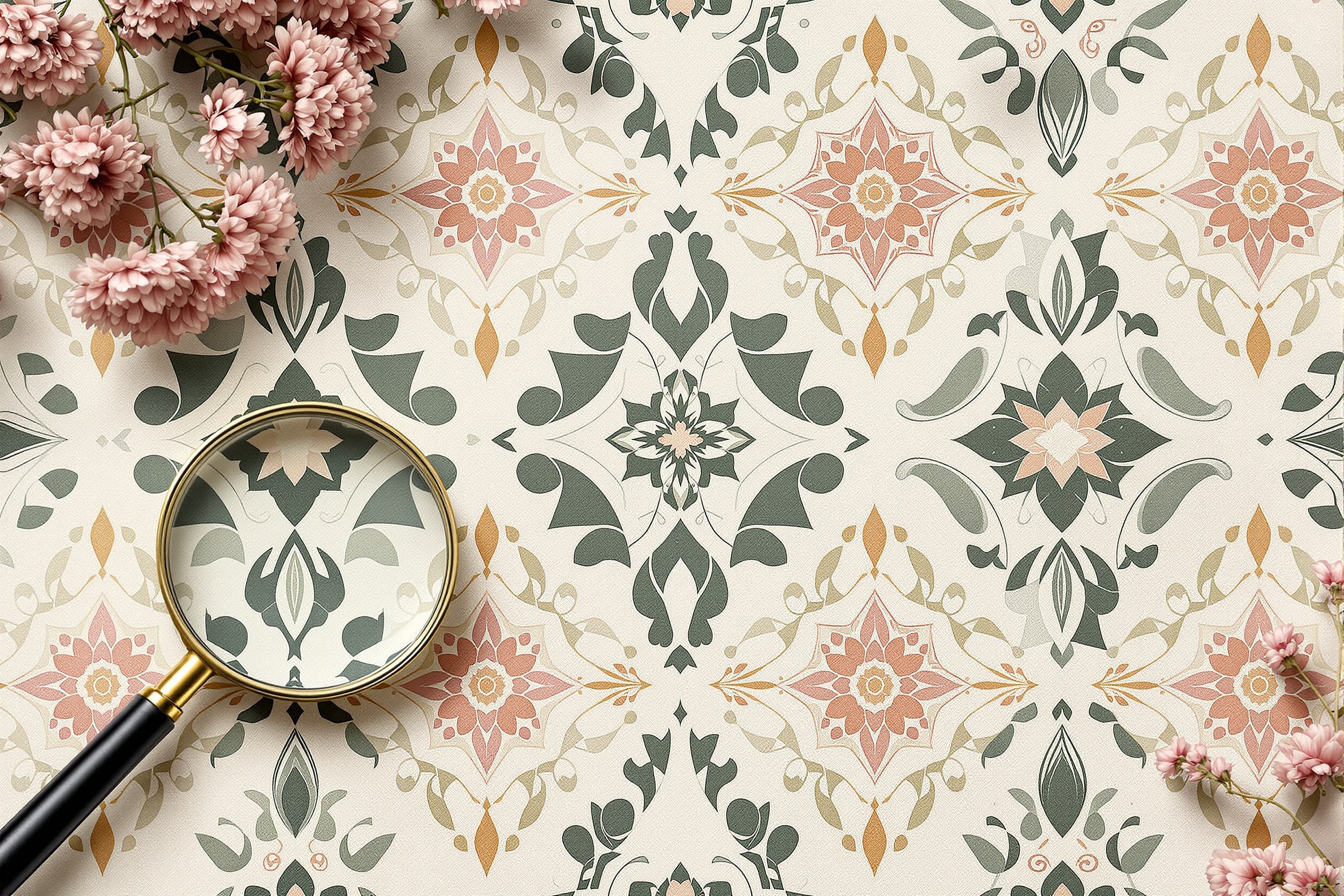 An abstract geometric textile pattern derived from a nature photograph, shown on a fabric swatch