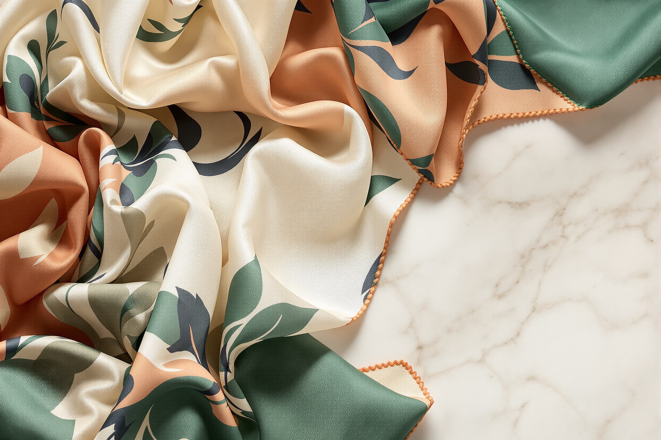 Folded printed silk carré scarves with a close view of a rolled hem