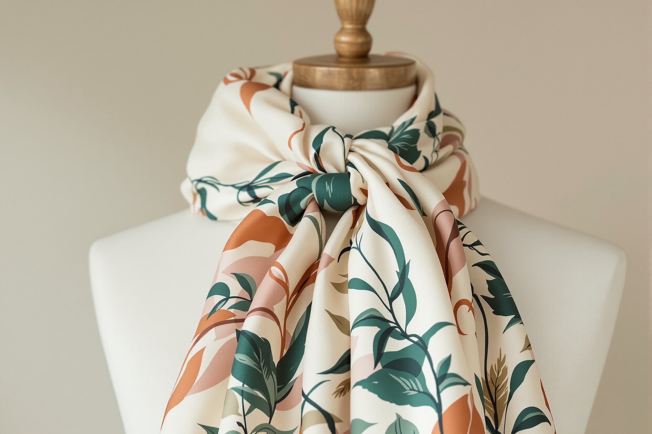 A silk scarf knotted and draped, shown as a styling detail on a neutral background